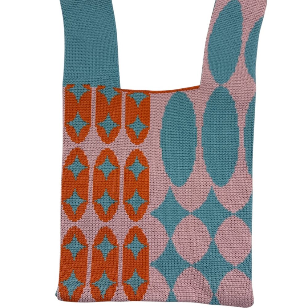 Palm Springs -Wrist Tote Bag - 100% Polyester- Geometric- Pink, Bl & Or- NWT